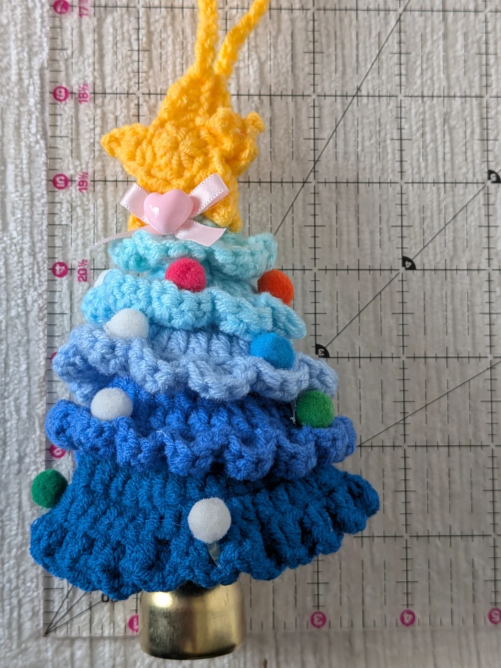 Crocheted Blue Layered Tree Ornament with Yellow Star And Bell